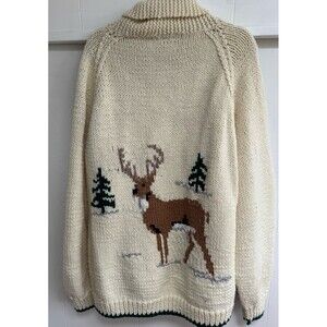 1970s Vintage Cream Whitetail Deer Buck Cowichan Wool Cardigan Sweater L XL